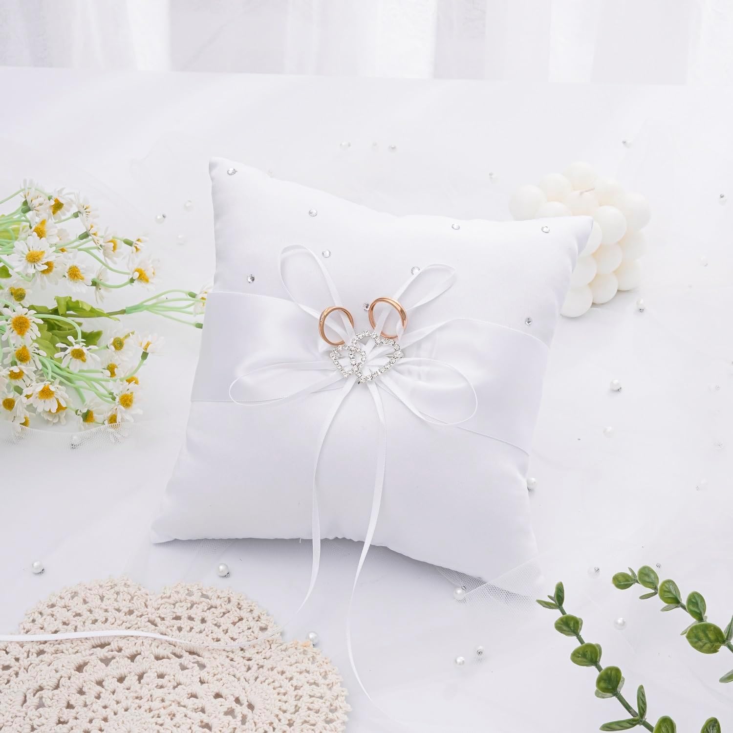 Wedding Ring Pillow and Flower Girl Basket Set – Adorned with Pearl Rhinestones, White Satin,White