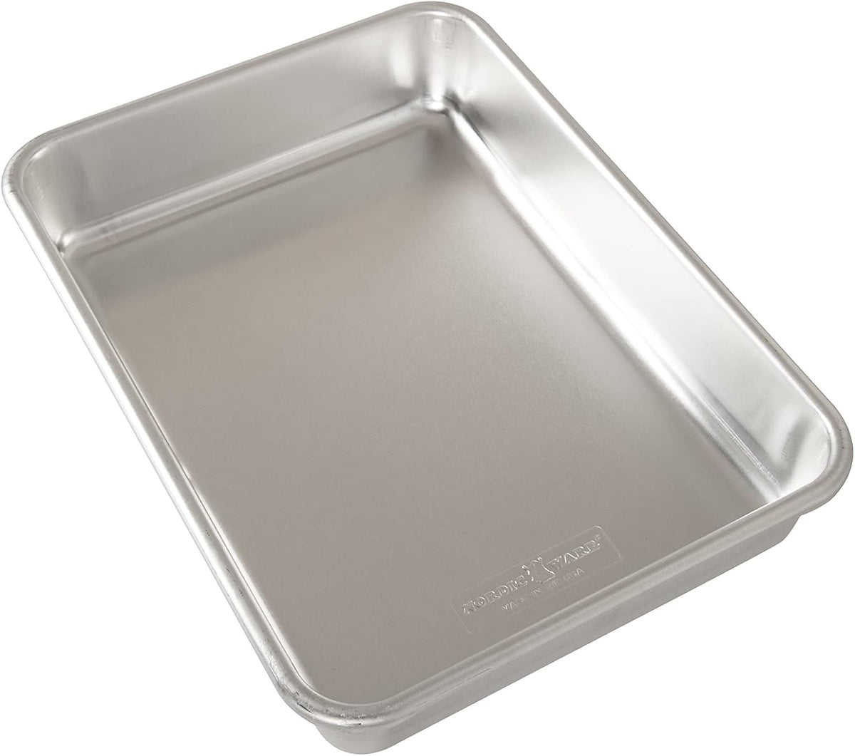 Natural Aluminum Commercial Rectangular Cake Pan, Exterior dimensions 12.9 x 9.5 x 2.5 inches and interior dimensions