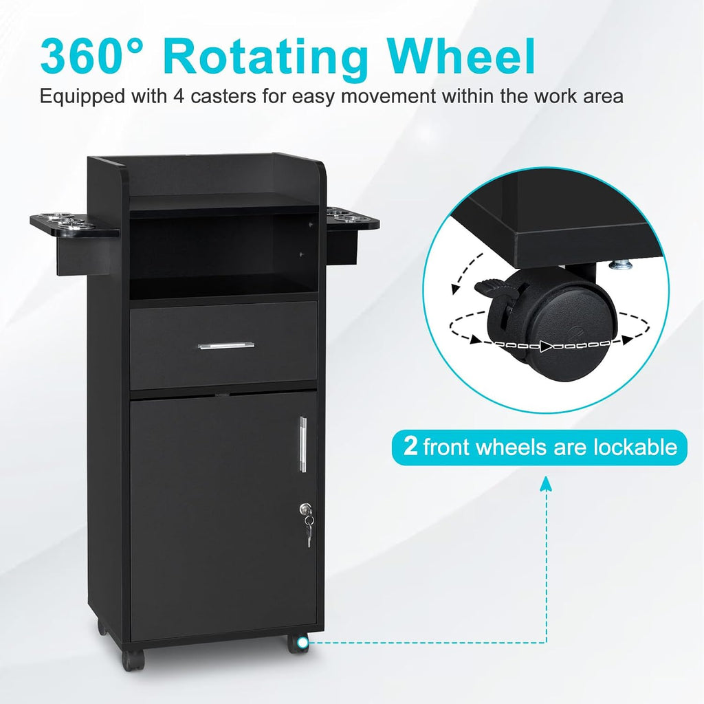 Beauty Salon Trolley Cart with 6 Tool Holders, 1 Drawer | Lockable Salon Cabinet with 360° Wheels, Mobile Salon
