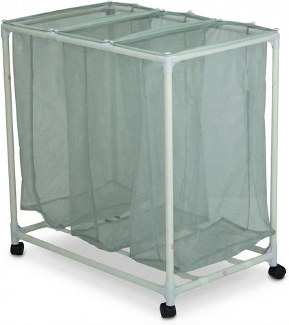 3-Bag Mesh Rolling Laundry Sorter Cart, Soft Silver, Removable Washable Bags, Easy-Roll Casters, Rust-Resistant PVC