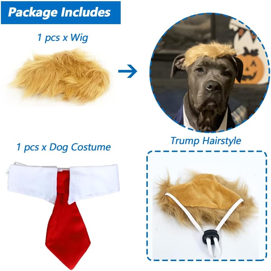Trump Style Pet Costume Dog Wig, Dog Clothes with Collar & Tie Head Wear Apparel Toy for Halloween, Christmas