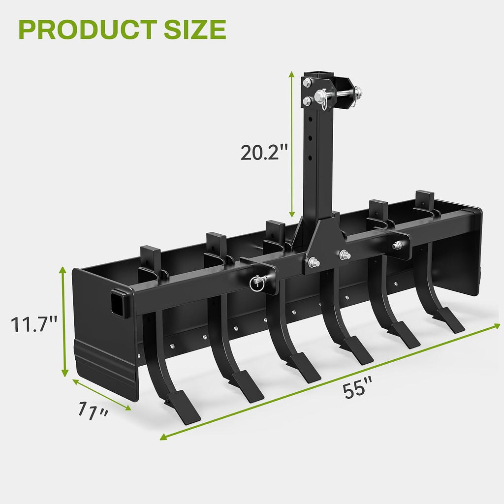 55" Box Blade Tractor Attachment Category 1 Cat 0 Scarifier Shank Great for Leveling, Grading, Landscaping