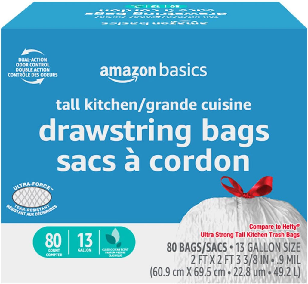 Ultra-Force Tall Kitchen Drawstring Trash Bags, Classic Clean Scented, 13 Gallon, 80 Count with Odor Control