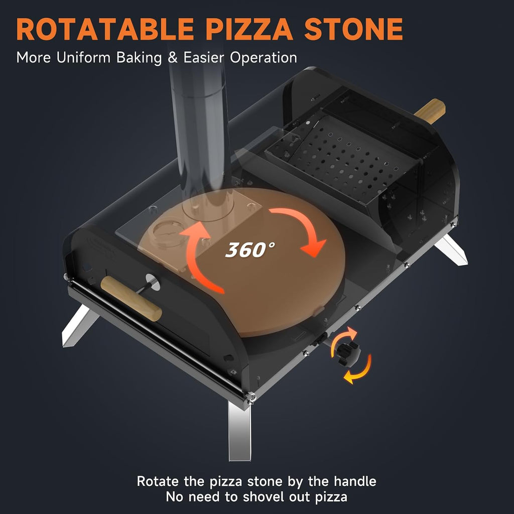 Outdoor Pizza Oven Wood Pellet 12" Round Pizza Stone, Portable Wood Fired with Built-in Thermometer Pizza Stove