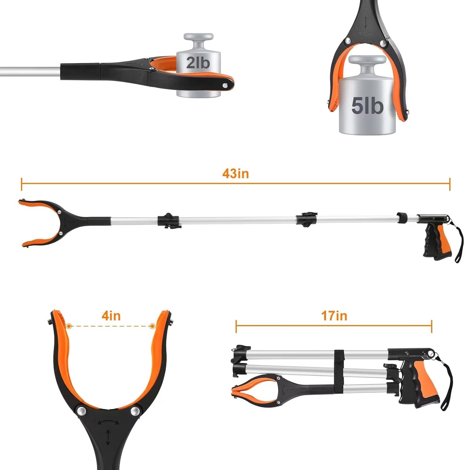43" Extra Long Grabber Tool, Foldable Grabbers for Elderly Grab It Reaching Tool with Rotating Jaw +Magnets, 4" Wide
