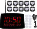 Wireless Calling System with Time Display, 10 Buttons, 1 Receiver, Restaurant Pager, 200m Range