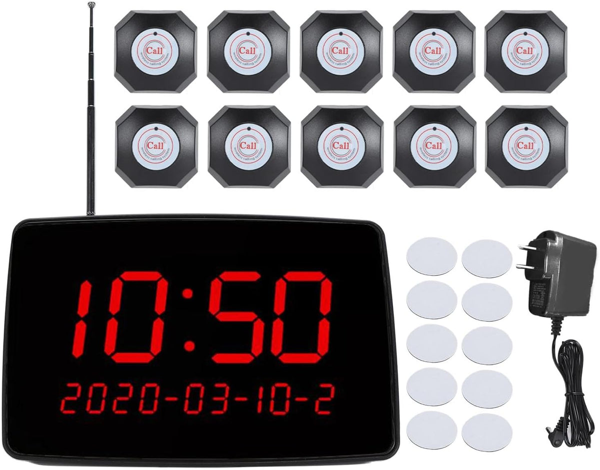 Wireless Calling System with Time Display, 10 Buttons, 1 Receiver, Restaurant Pager, 200m Range
