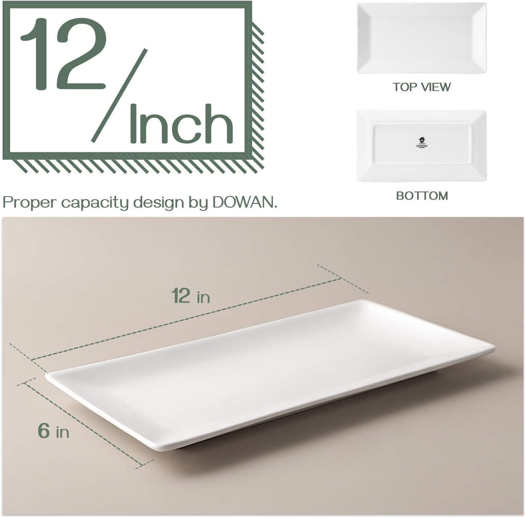 12" Rectangle Plates Set of 4 - White Serving Platters for Party, Wedding, and Entertaining - Rectangular Serving