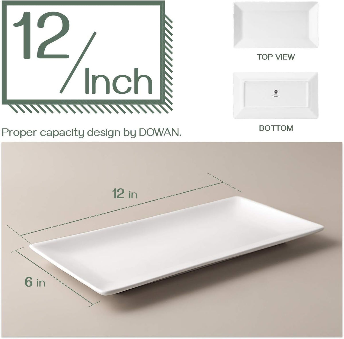 12" Rectangle Plates Set of 4 - White Serving Platters for Party, Wedding, and Entertaining - Rectangular Serving