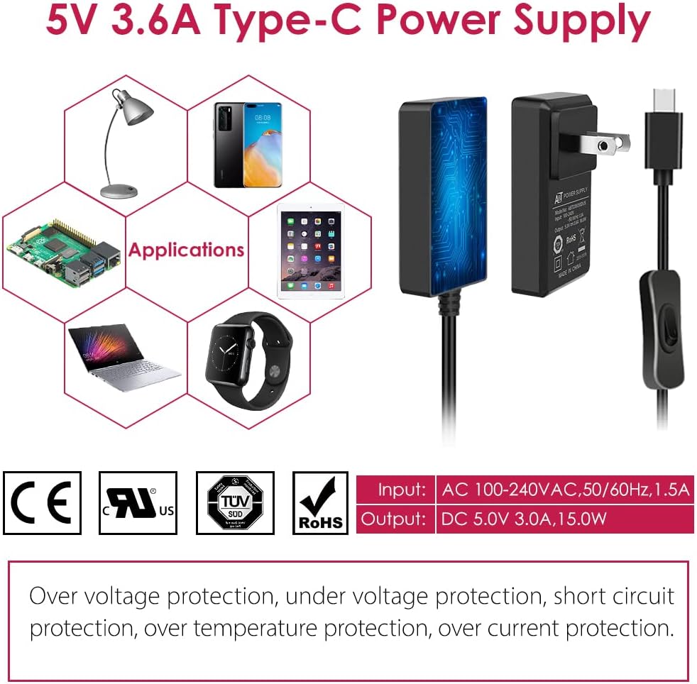 GeeekPi 18W 5V 3.6A Power Supply for Raspberry Pi 4/Orange Pi 5&5B, Type C with ON/Off Switch and Micro USB Adapter