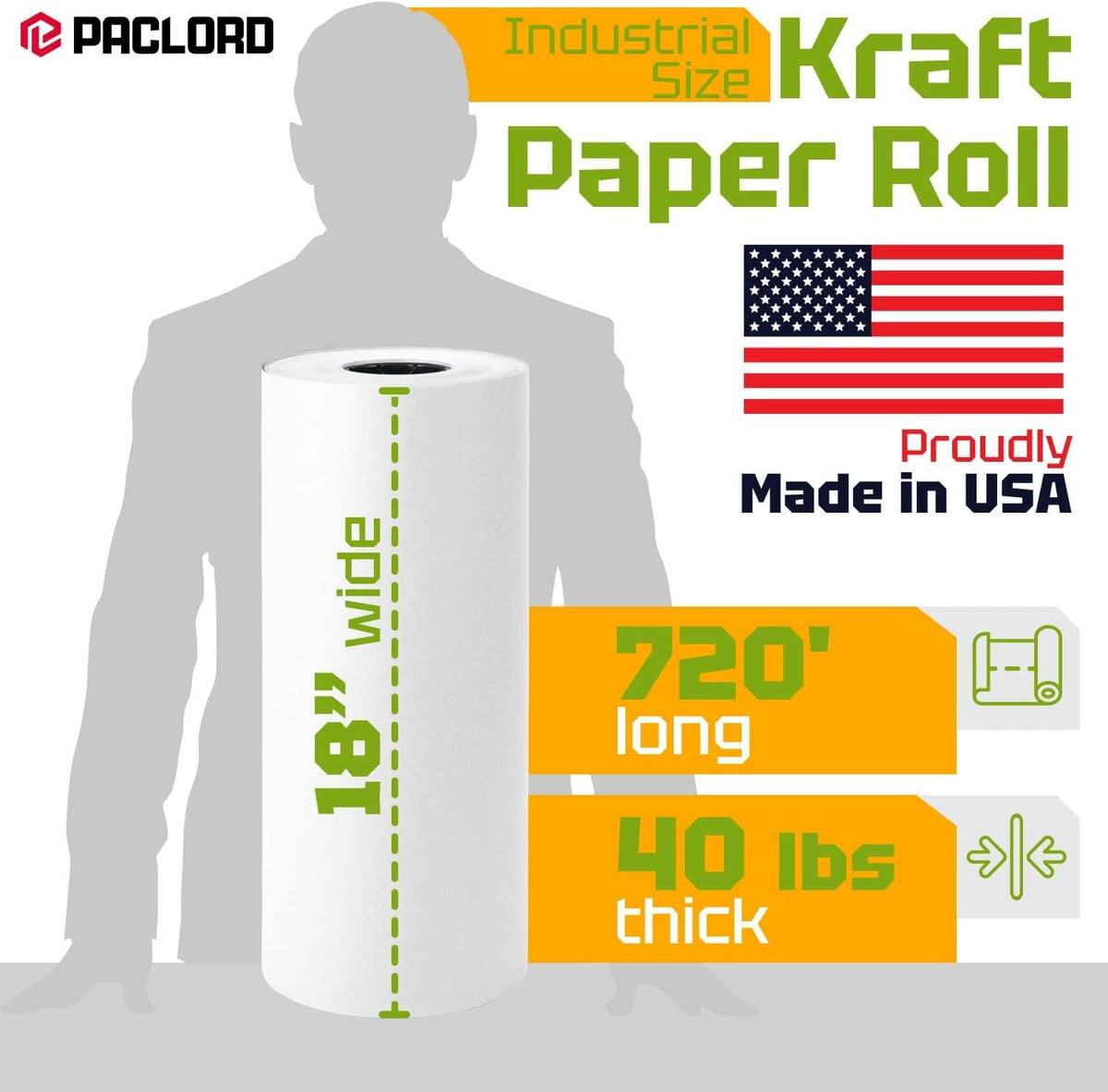 USA Made 18" x 8640" (720 ft) White Kraft Paper Roll, Large Size