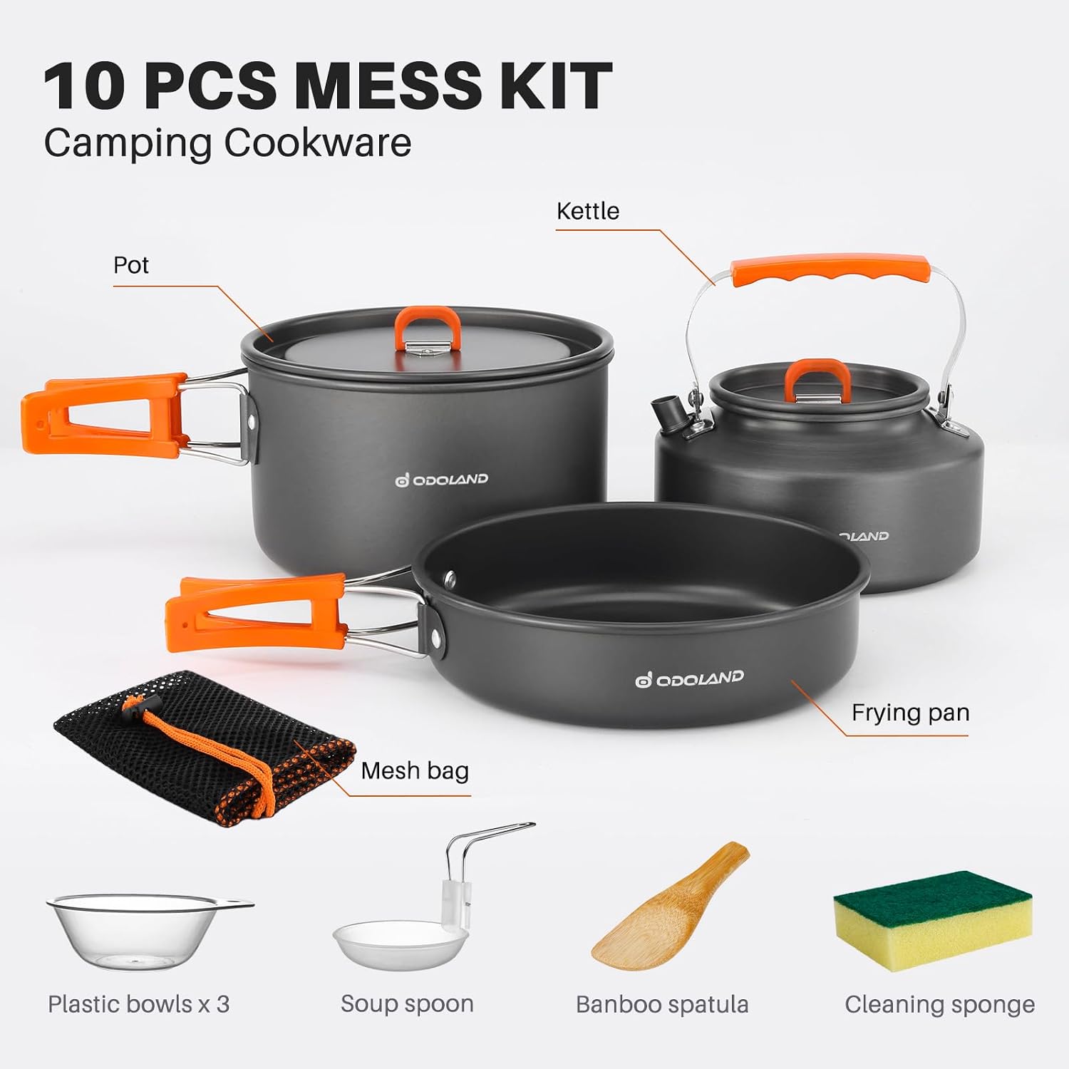 10pcs Camping Cookware Camping Pots and Pans Set with Kettle Plastic Bowls and Soup Spoon for Camping, Backpacking