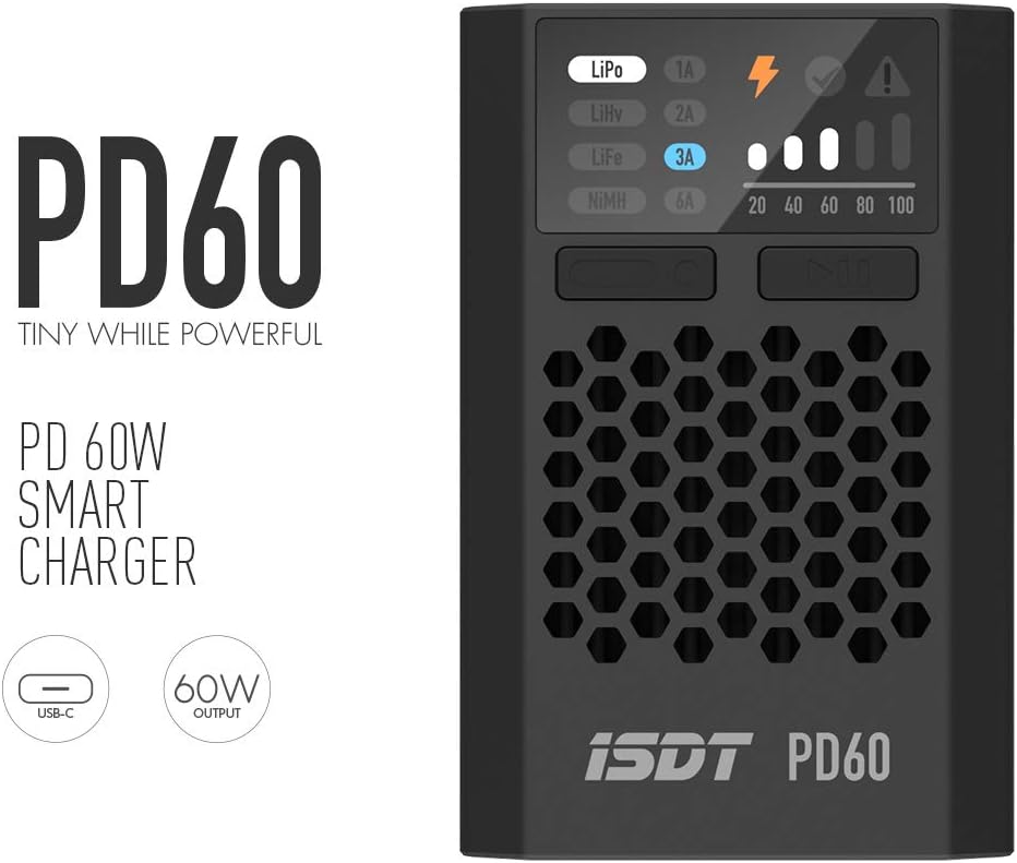 PD60S XT60 Connector 60W 6A Battery Balance Charger Type-C Input for 1-4S Lipo Battery，Life, Lilon, LiHv/Pb/NiMH