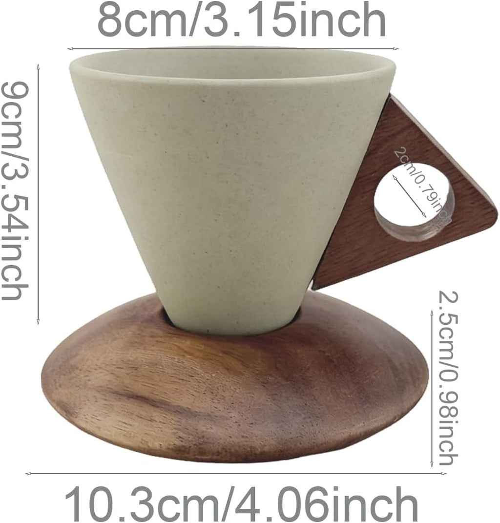 Cone Ceramic Coffee Mug with Acacia Wood Base - Conical Espresso Cup Set, Solid Wooden Triangle Handle and Coaster