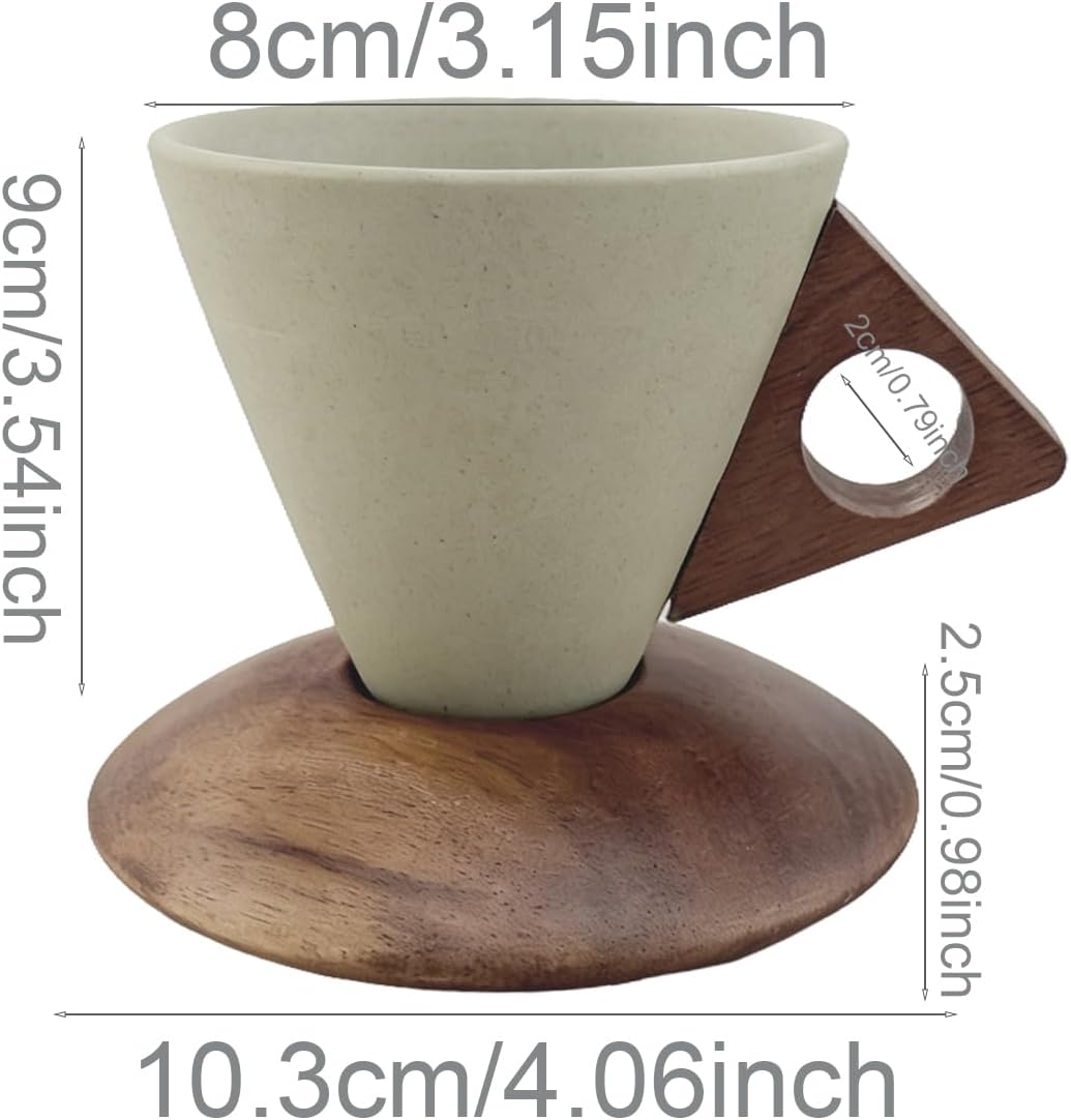 Cone Ceramic Coffee Mug with Acacia Wood Base - Conical Espresso Cup Set, Solid Wooden Triangle Handle and Coaster