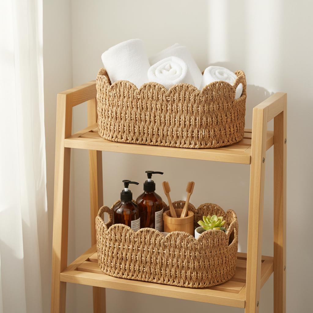 Paper Rope Scalloped Basket Set of 2,Woven Storage Baskets for Shelves,Laundry,Towels,Clothes,Books,Toys,Cute Decor
