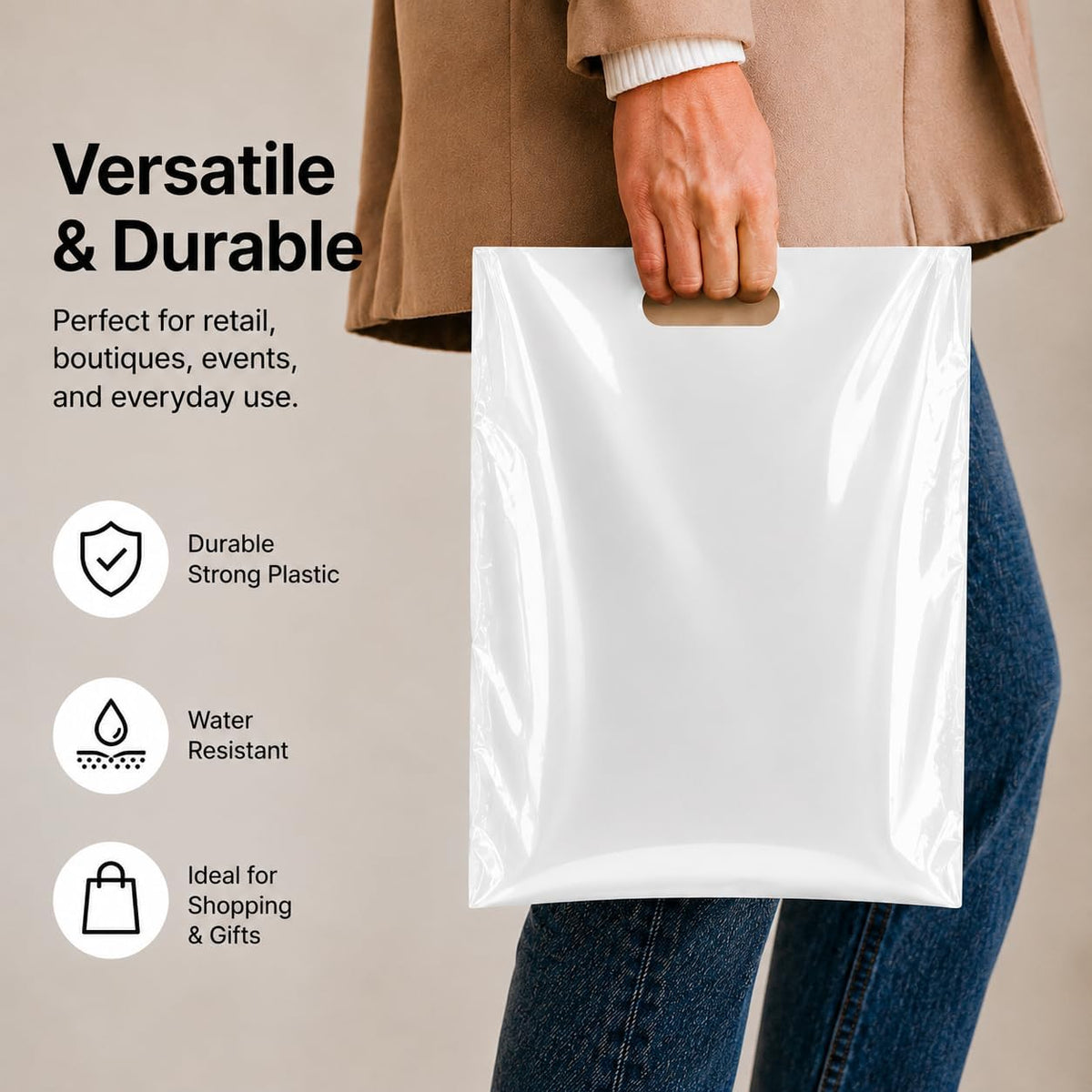100 Count White Merchandise Bags 12" x 15" with Die-Cut Handles