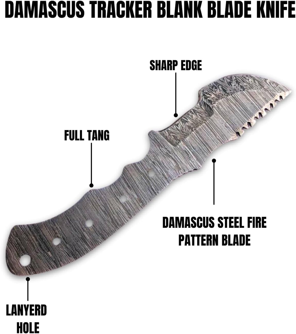 Damascus Tracker Knife Making Kit, Blank Blade, Wooden Handle Scales, Pins & Leather Sheath, DIY Handmade Kit for