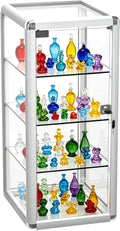 14" W x 27" H x 12" D, Silver Aluminum Tempered Glass Top Display Case with Lock, Key and 3 Glass Shelves for Retail