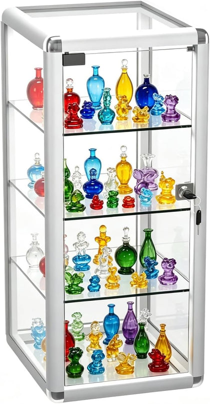 14" W x 27" H x 12" D, Silver Aluminum Tempered Glass Top Display Case with Lock, Key and 3 Glass Shelves for Retail