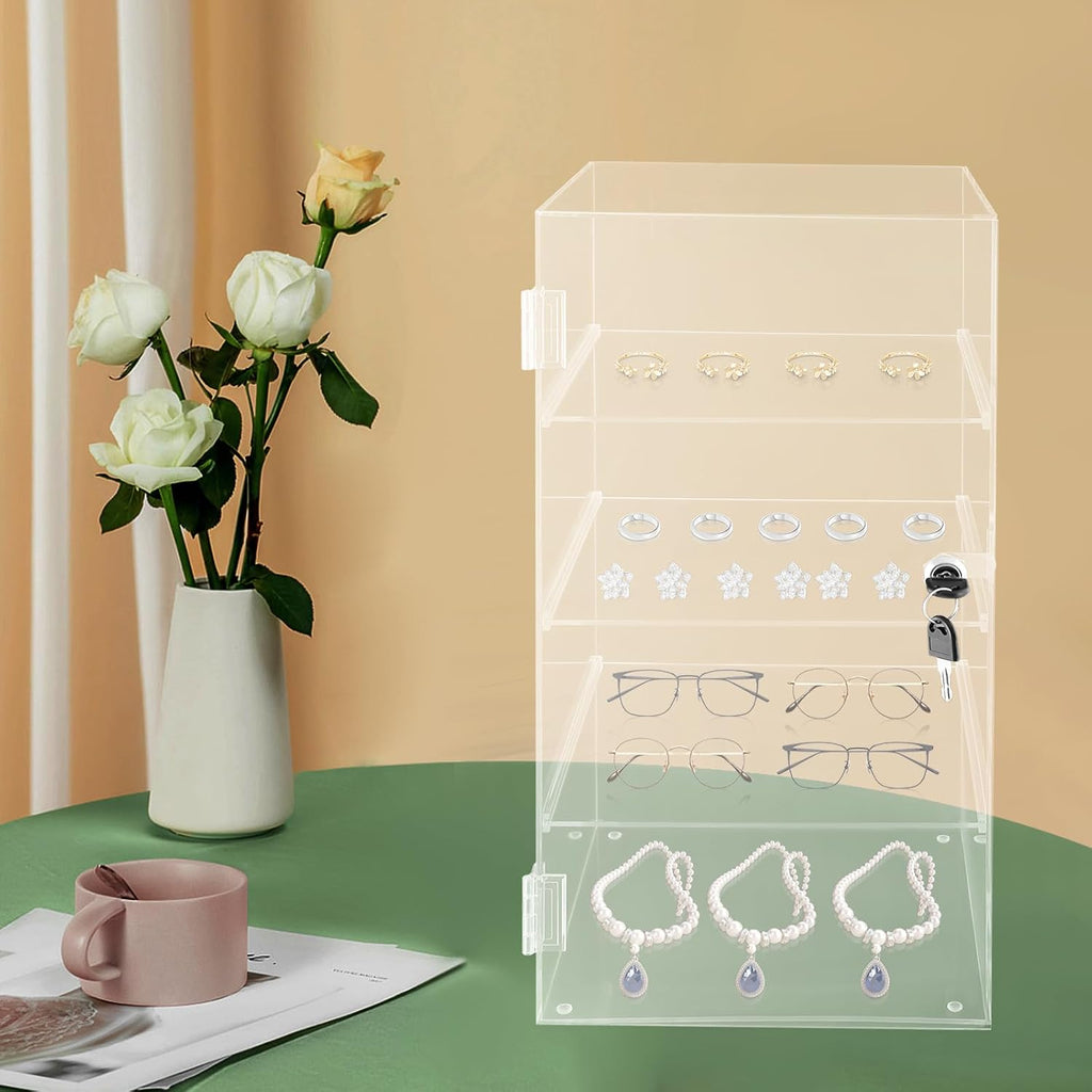 4 Shelf Acrylic Display Case with Lock, Clear Locking Countertop Showcase | Clear Acrylic Countertop Display Case for