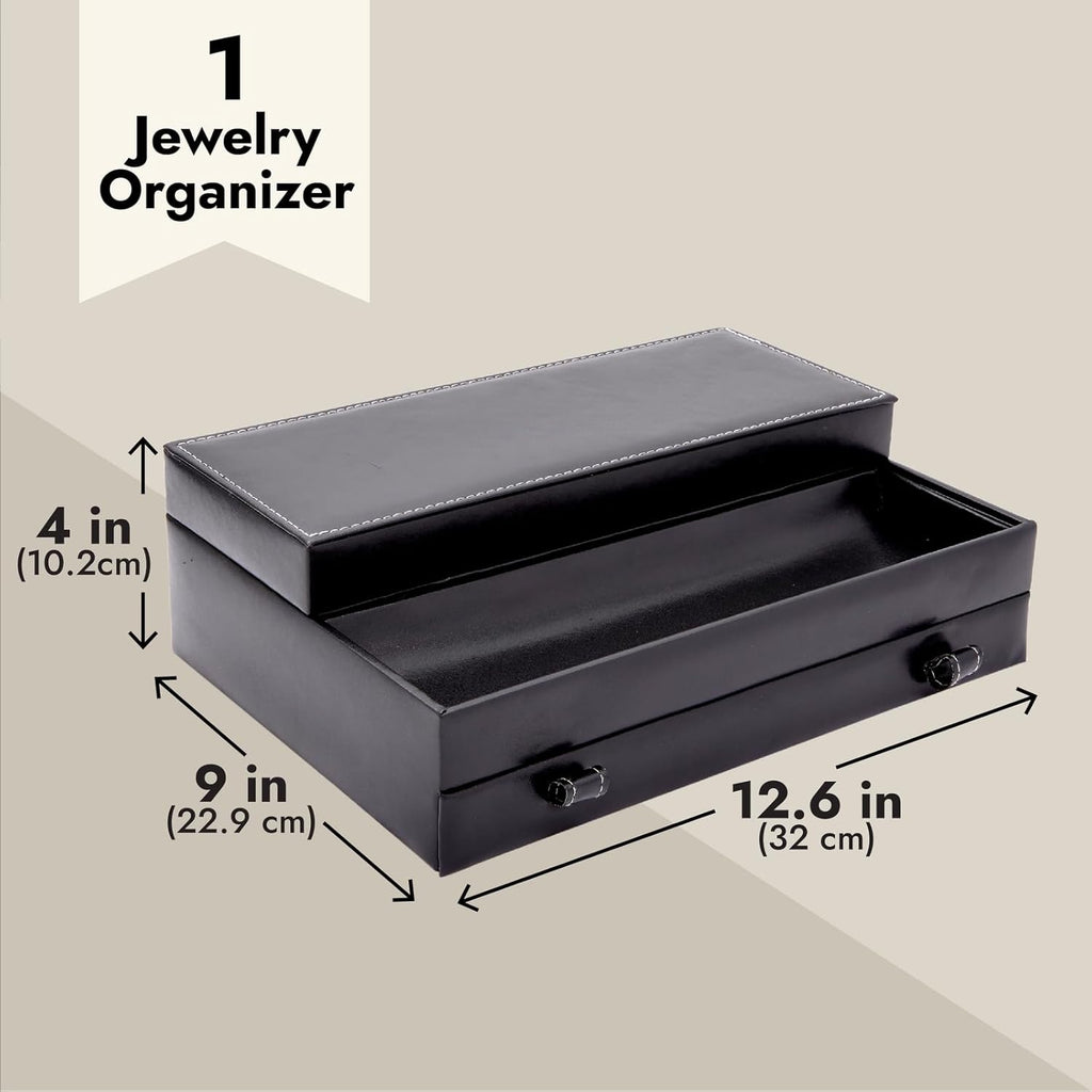 Jewelry Box Organizer and Holder - Black Watch Box with Leather Valet Tray for Home Improvement - 12.6 x 9 x 4 In
