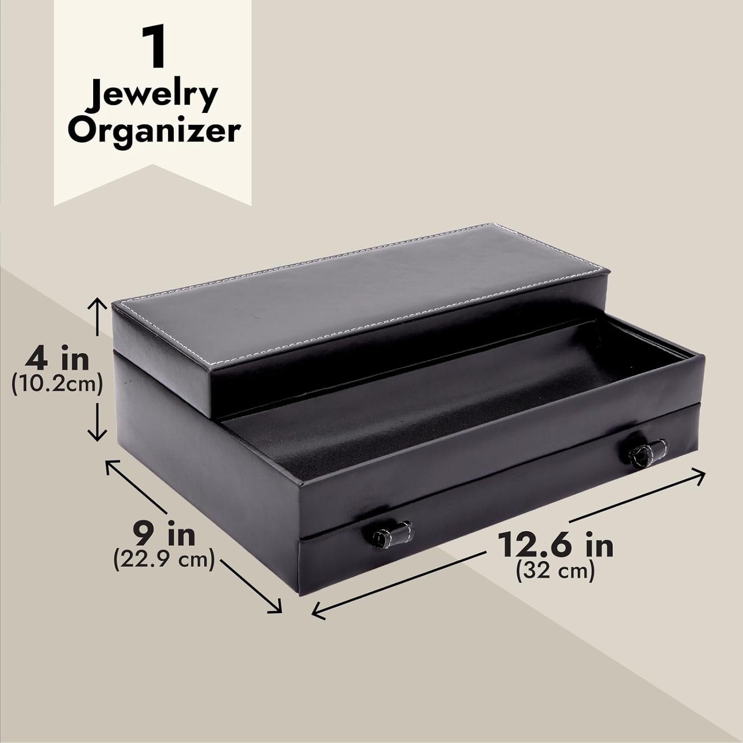 Jewelry Box Organizer and Holder - Black Watch Box with Leather Valet Tray for Home Improvement - 12.6 x 9 x 4 In