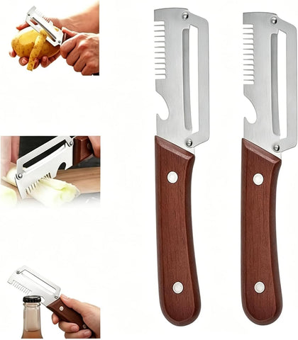 2026 Upgraded Multi-Functional Vegetable Peeler, Premium Peeler with Wooden Handle & Bottle Opener, Non-slip Kitchen