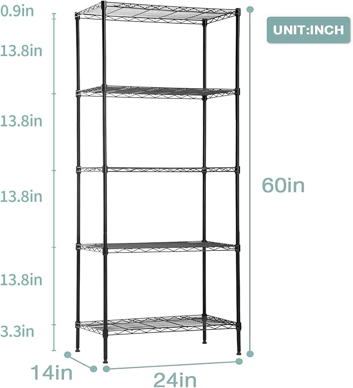 5-Tier Wire Shelf | 24"x14"x60" | Black