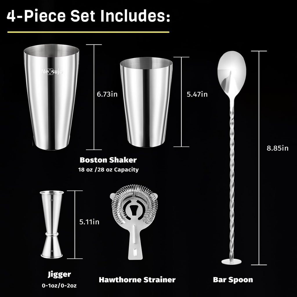 Boston Cocktail Shaker Set, 4-Piece Bar Tools Set, Ideal for Bar