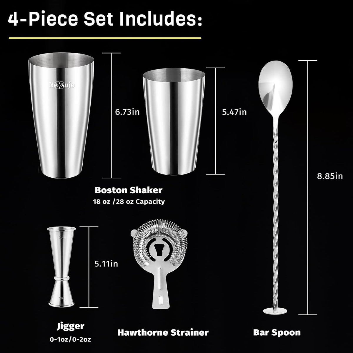 Boston Cocktail Shaker Set, 4-Piece Bar Tools Set, Ideal for Bar