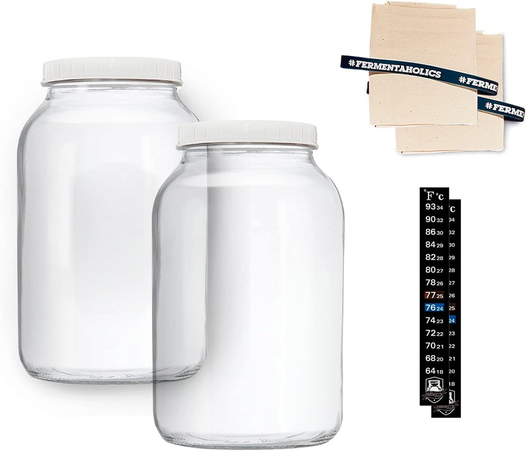 2 One-Gallon Glass Kombucha Jars & Breathable Muslin Cloth Covers, and Rubber bands | 2 Pack Gallon Jars | Perfect