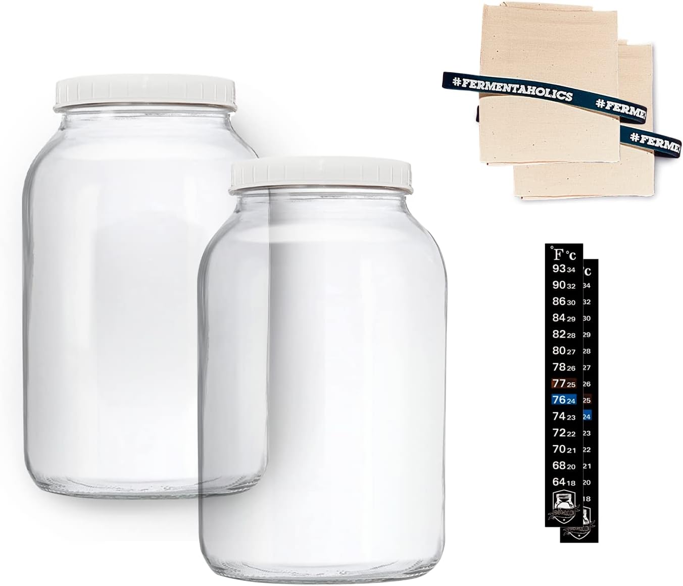 2 One-Gallon Glass Kombucha Jars & Breathable Muslin Cloth Covers, and Rubber bands | 2 Pack Gallon Jars | Perfect