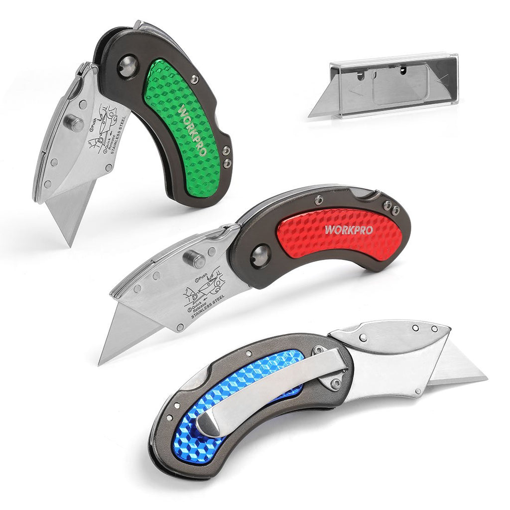 WORKPRO Folding Utility Knife Set, 3-Piece Colorful Box Cutters