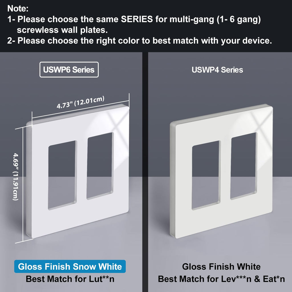 BESTTEN 5 Pack Screwless Decorator Wall Plate, 2 Gang Decorative Outlet Cover, USWP6 Gloss Snow White, H4.69” x W4.73”, Faceplate Cover for Receptacle Outlet & Switch