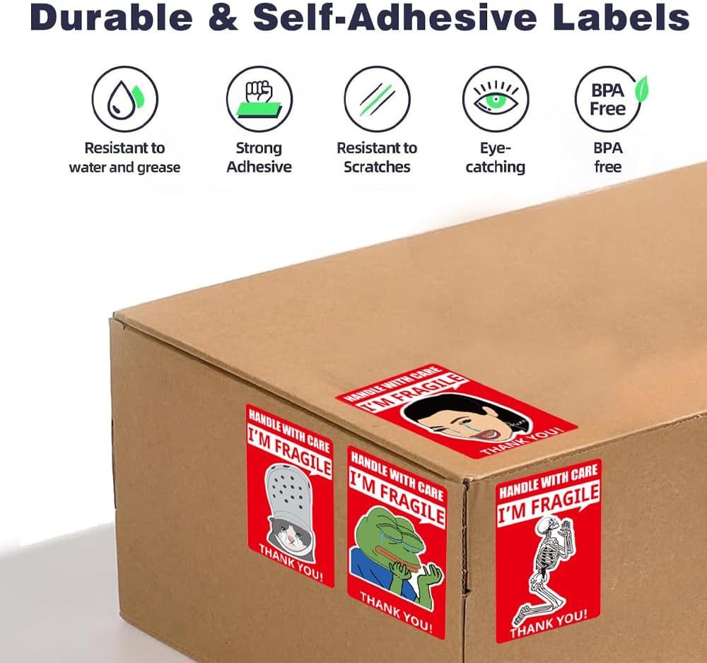 Funny Fragile Stickers for Shipping Moving | 500Pcs 4 Humorous Design for Handle with Care, 2×3 Inch Suitable Labels
