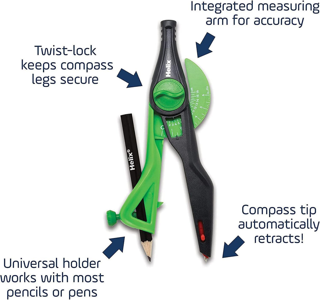 Helix - Compass and Protractor Set - Plastic Locking - 2 Pieces | Ideal for Math Students - Precise Drafting and