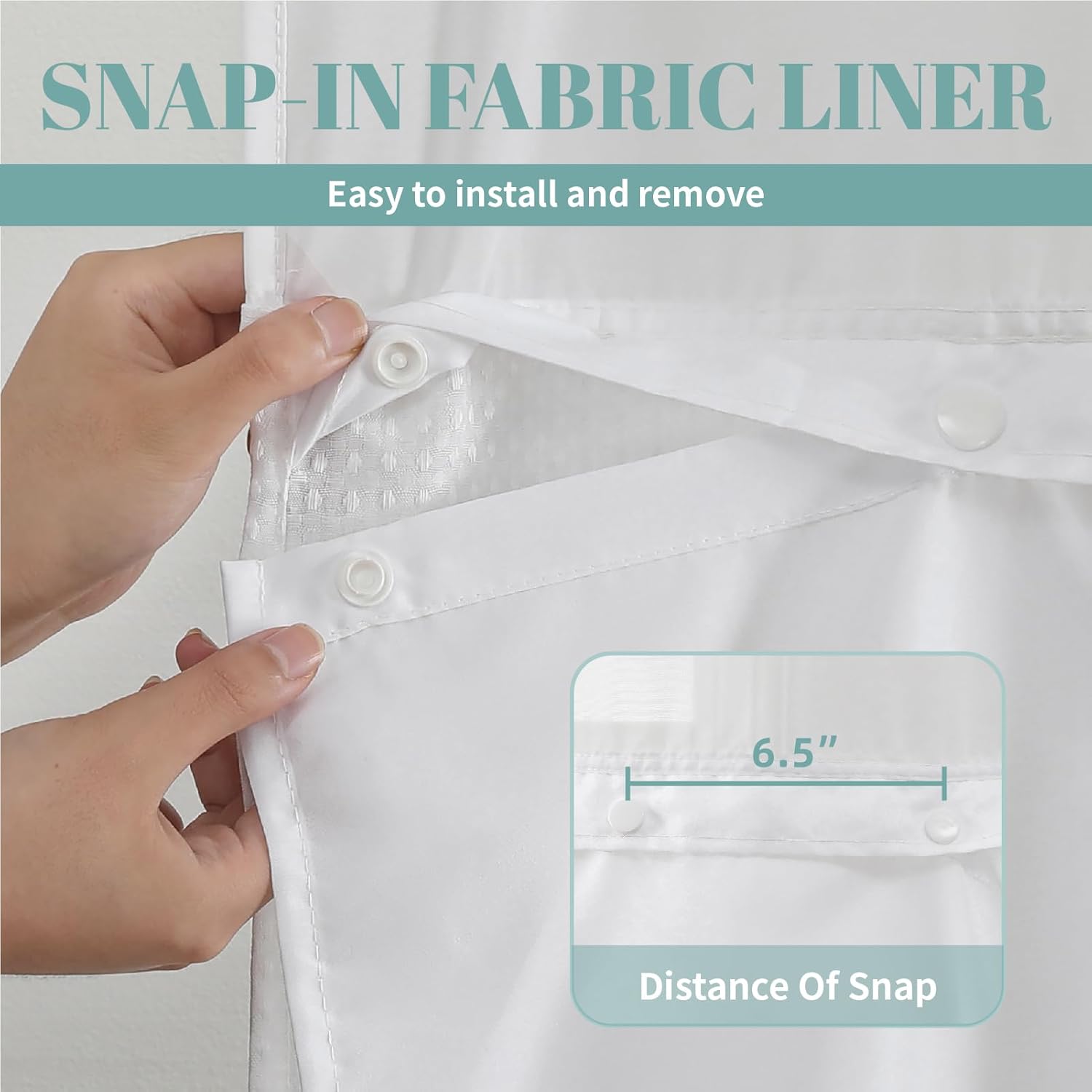 No Hook Waffle Shower Curtain with Snap-in Liner, 71x74 Inch, White | 230 GSM waffle weave fabric, waterproof liner