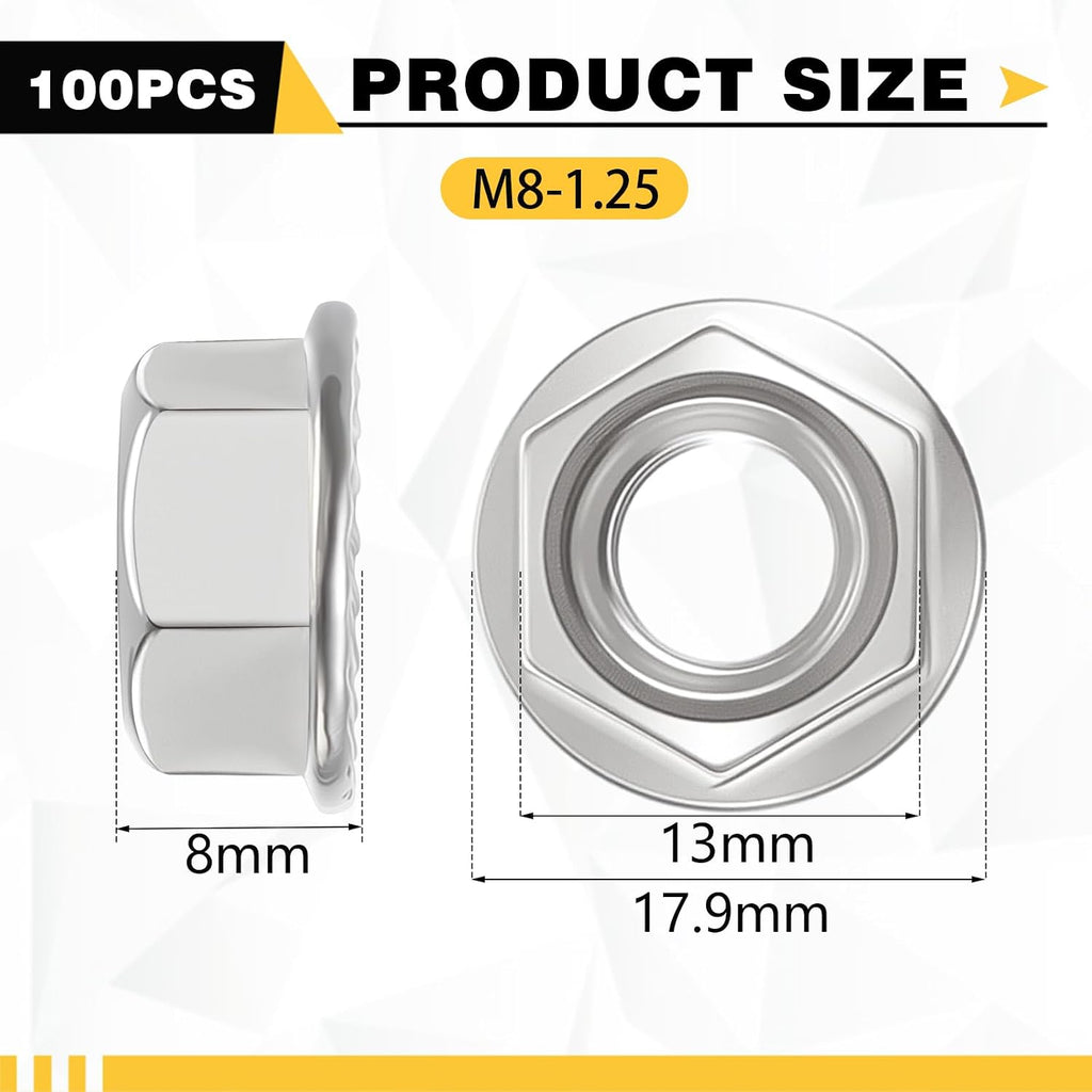 100 Pcs M8 Flange Nuts, M8-1.25mm Hexagon Flange Nuts, Silver