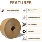 3'' x 650 Feet Reinforced Water Activated Gummed Kraft Paper Tape, Heavy-Duty Upto 50 lbs Break Strength, Secure