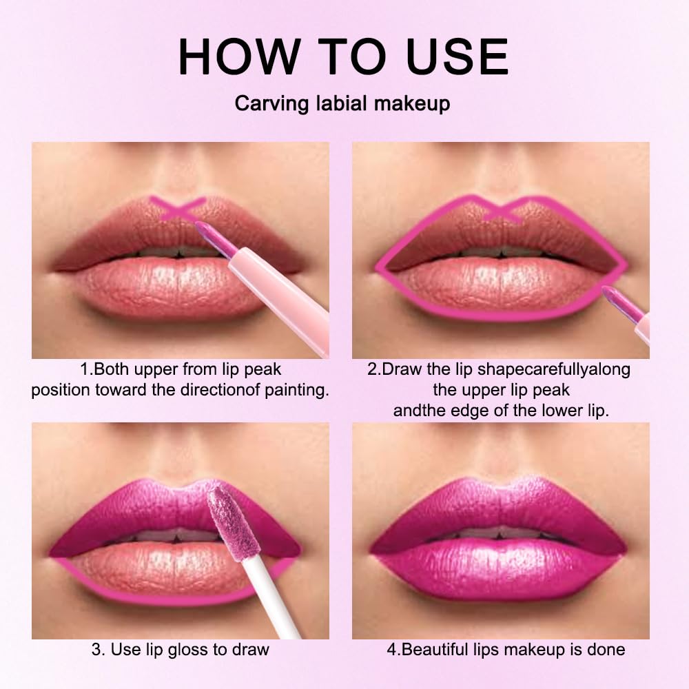 Hot Pink Metallic Glitter Lip Liner and Lipstick Combo Lip Gloss Stain Set Makeup for Women Long Lasting Waterproof