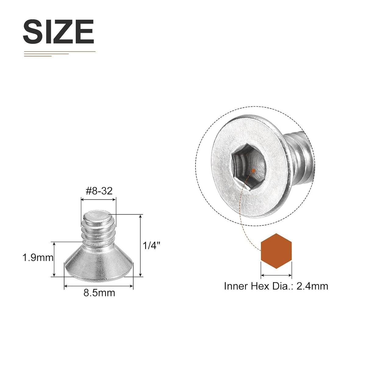 DTGN #8-32x1/4 Flat Head Socket Cap Screws 50Pack 304 SS Full Thread