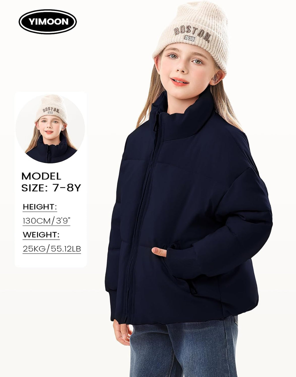 Girls Winter Puffer Jacket Kids Warm Quilted Puffer Coat | Zip Up, Stand Collar, Long Sleeve, Cropped Puffy Jacket