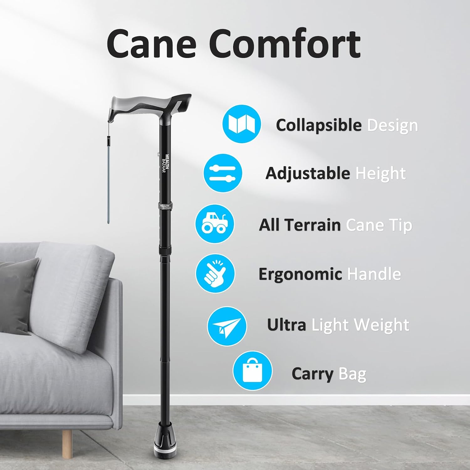 Walking Cane for Men & Women, Foldable Cane with Shock Absorption - Adjustable, Lightweight Collapsible Walking Stick