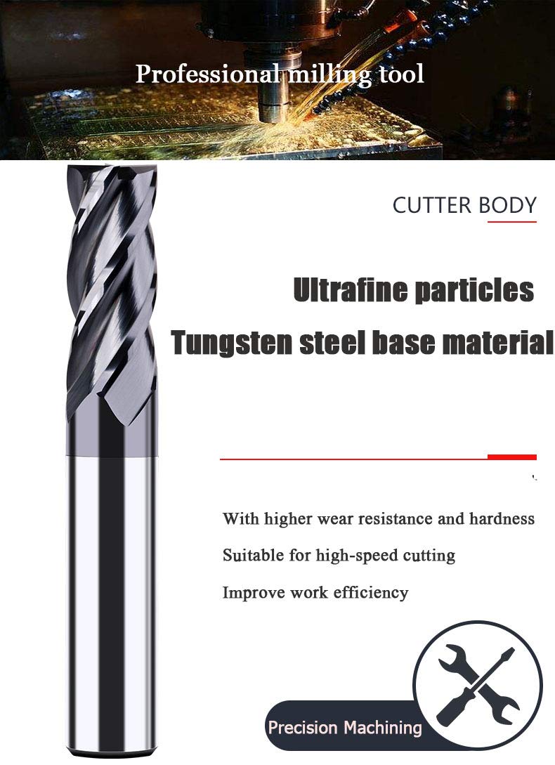 1/4" Carbide Square End Mill, HRC 45 Deg Single End 4 Flute AlTiN Coating Mill Bits