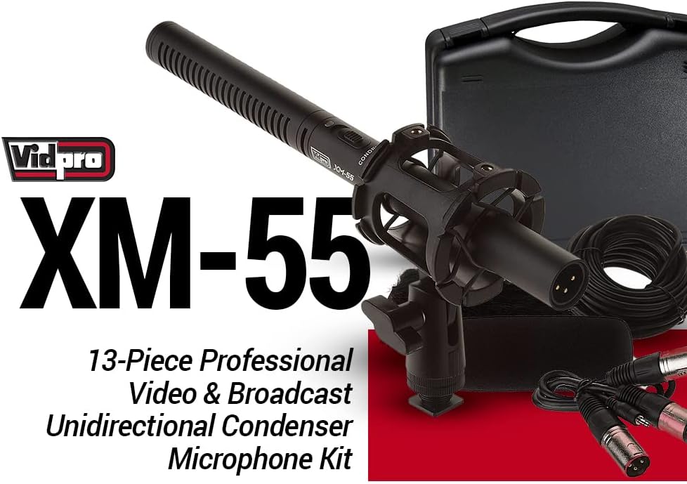 XM-55 13-Piece Professional Video & Broadcast Unidirectional Condenser Shotgun Microphone Kit - Complete Set Includes