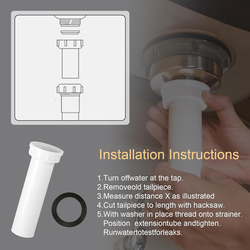 PP15-6W Sink Drain Tailpiece 1-1/2" Dia X 6" L, Kitchen Sink Drain Pipe, | Threaded Plastic Sink Plumbing Drain Pipe