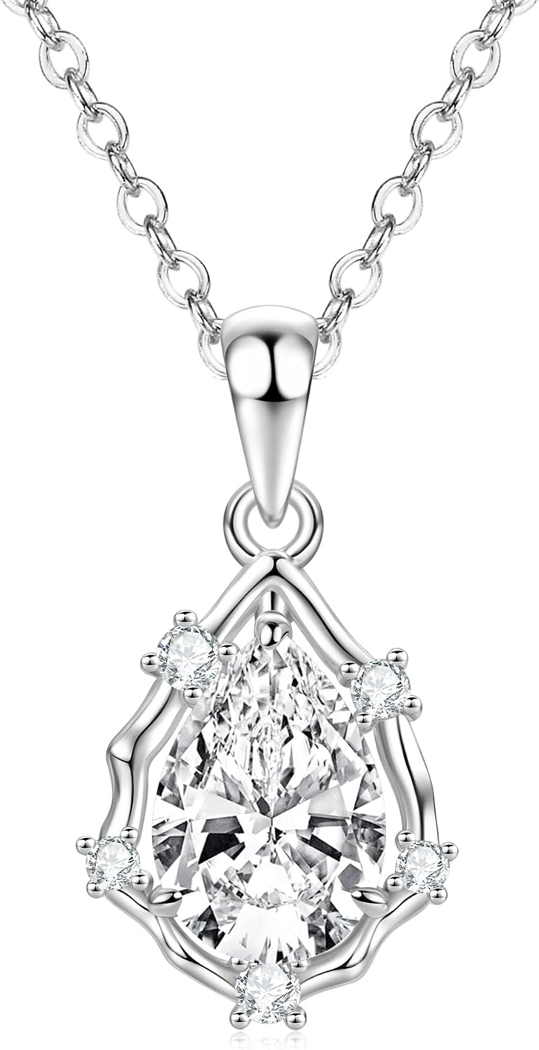 Pendant Necklace for Women, 5A Cubic Zirconia Solitaire Silver Necklace for Women, CZ Vintage Teardrop Pendant 18"+2"