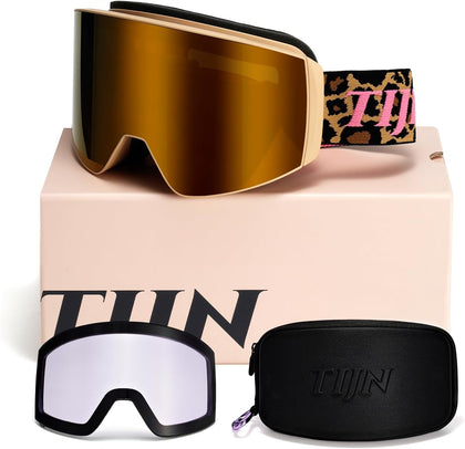 Ski Snowboard Goggles, Anti-Fog UV400 OTG Snow Goggles for Men Women Youth with 2 Magnetic Interchangeable Lenses