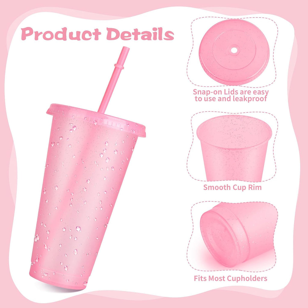 16-Piece Reusable Cups with Lids and Straws, 24 oz Glitter Plastic Tumbler Iced Coffee Cups Travel Mugs for